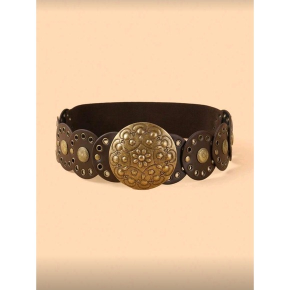 Accessories - Womens Boho Brown Gold Circle‎ Elastic Belt Waist Ornament Western 29.5 inch